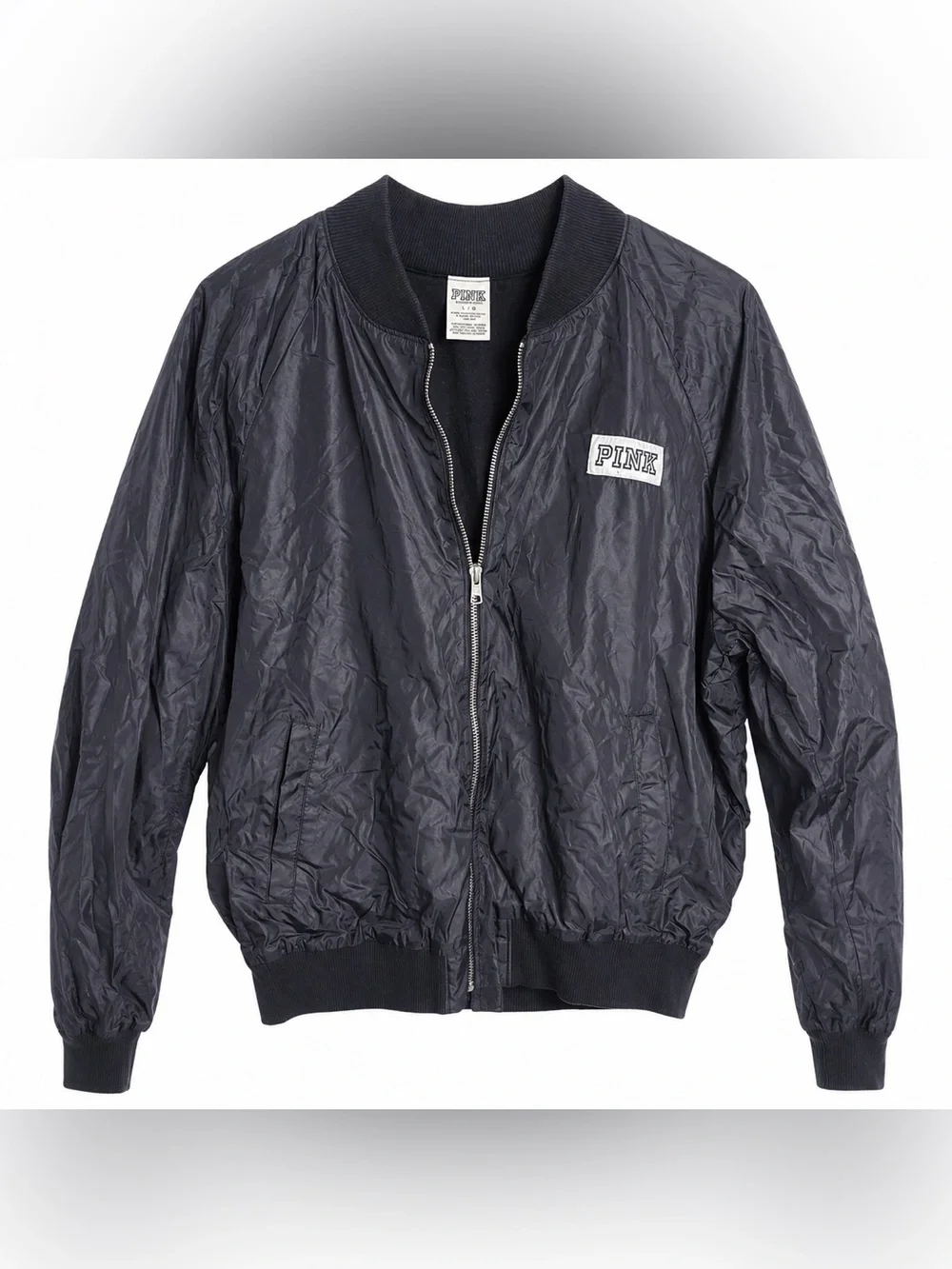 PINK Victoria’s Secret Black Bomber Jacket Large Y2K Spell Out Logo - Picture 1 of 4